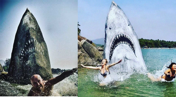 沒有極限！塗鴉藝術家將海灘的石頭變成了一頭「大白鯊」，成了每位泳客必打卡的景點