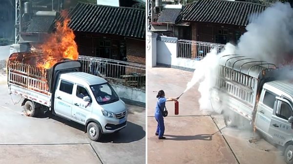 千鈞一髮！貨車起火竟衝進加油站求助，女加油員發現後迅速和同事一起將火撲滅，僅用22秒！