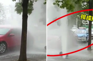 消防栓故障噴水，過路車輛排隊洗車，網友：倒車那位過分了！