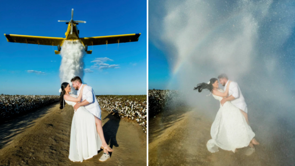 國外婚紗攝影師太瘋狂！竟然直接請飛機來灑水，只為拍出這一張婚紗彩虹！