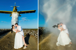國外婚紗攝影師太瘋狂！竟然直接請飛機來灑水，只為拍出這一張婚紗彩虹！
