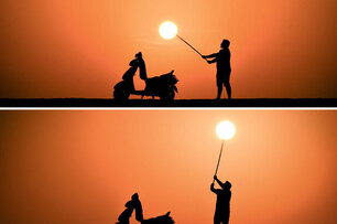 高舉太陽！印度攝影師玩轉「夕陽剪影」，23張錯位拍攝賦予太陽全新情境