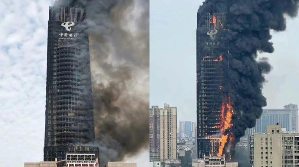 快訊／長沙電信大樓起火！200公尺高建築「燒成火柱」濃煙沖天