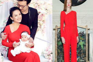 章子怡女兒百日宴 身上俐落斜肩紅西裝原來是她設計的