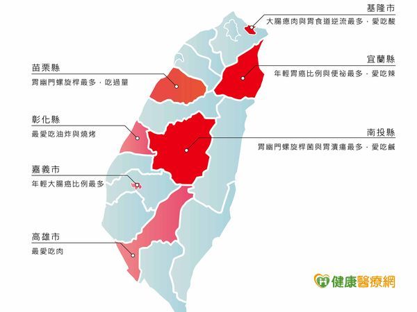 台灣腸胃健康地圖　3縣市易罹腸胃癌