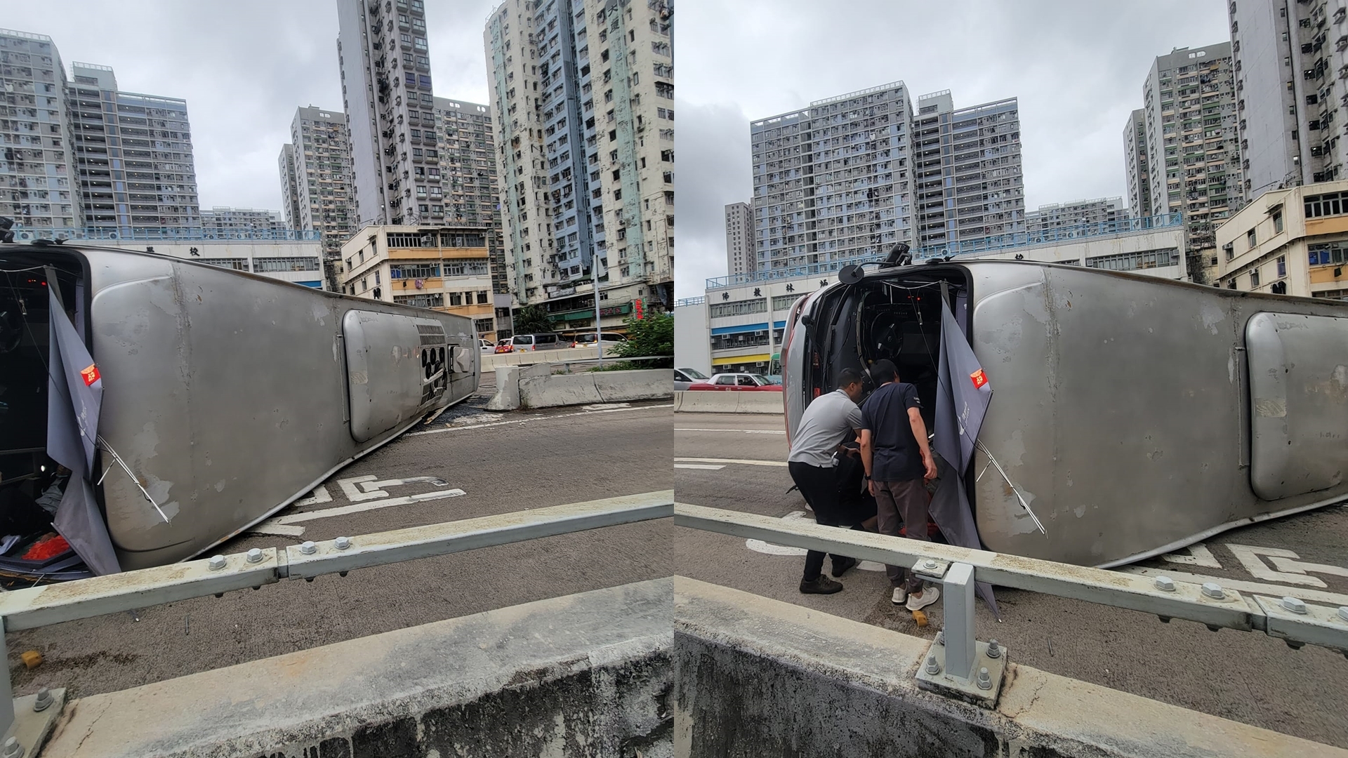 香港巴士自撞分隔島！「騰空翻覆」慘釀22傷　地面留10m剎車痕