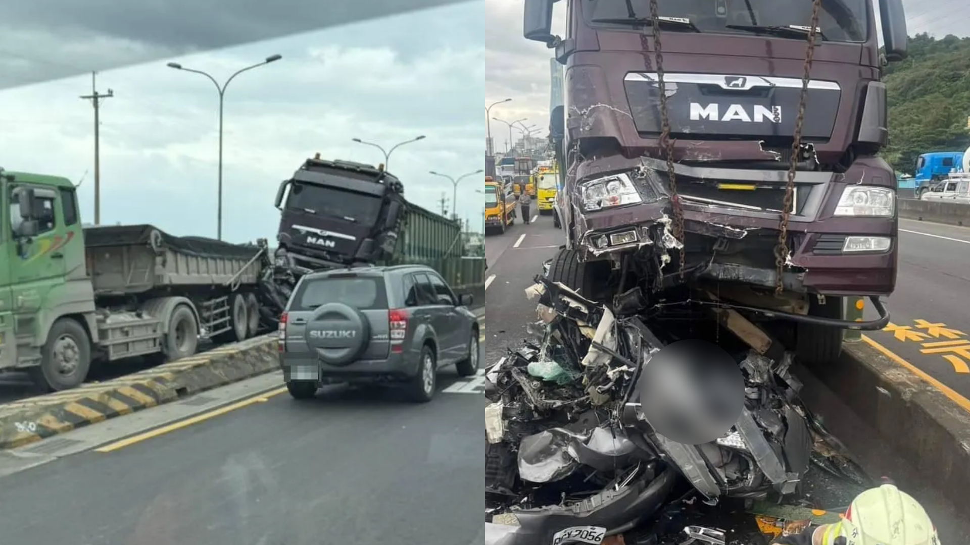 台61線死亡車禍！砂石車煞不住「騎上轎車頂」　車變廢鐵駕駛搶救不治