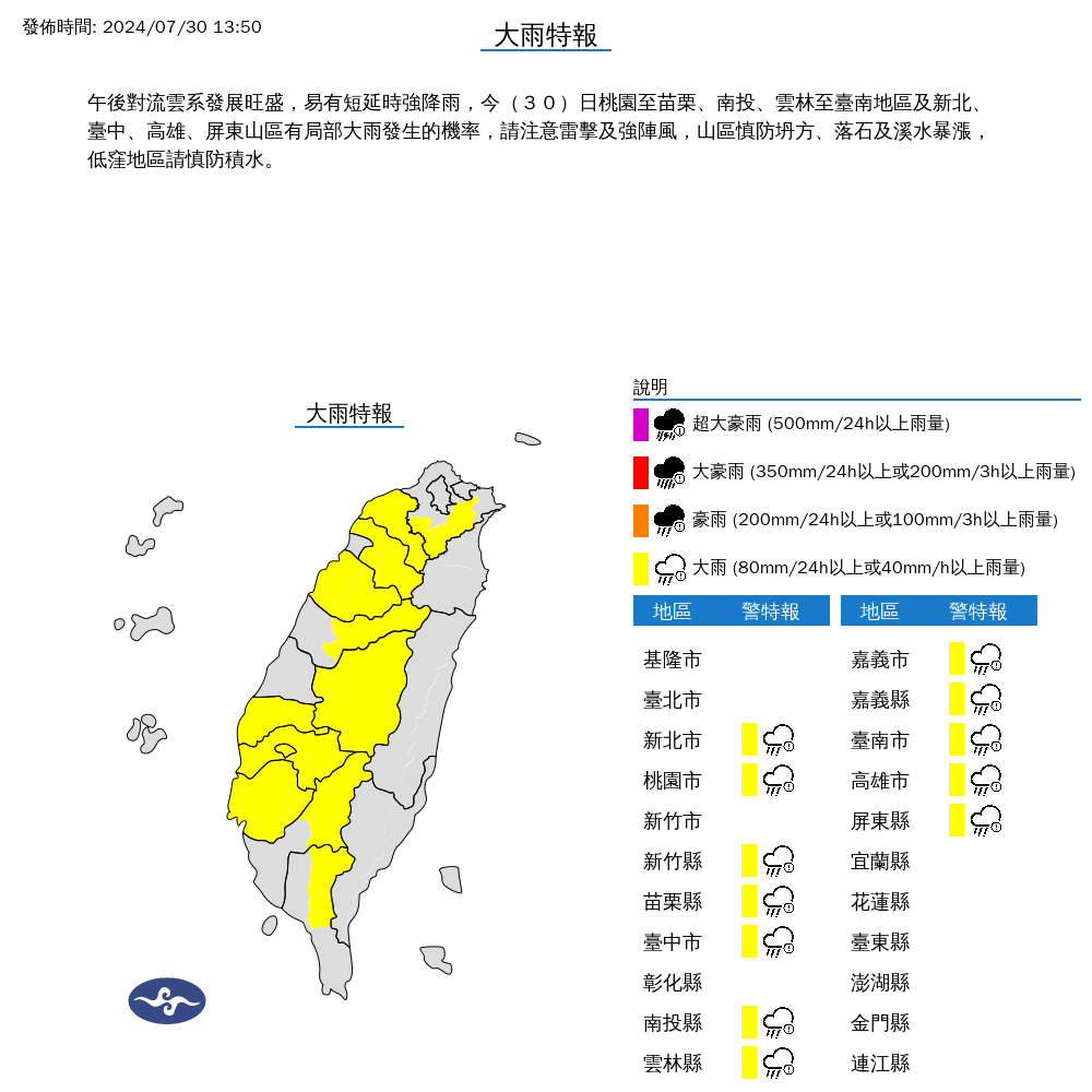 快訊／小心強降雨！12縣市發布大雨特報　屏東恐有大雷雨